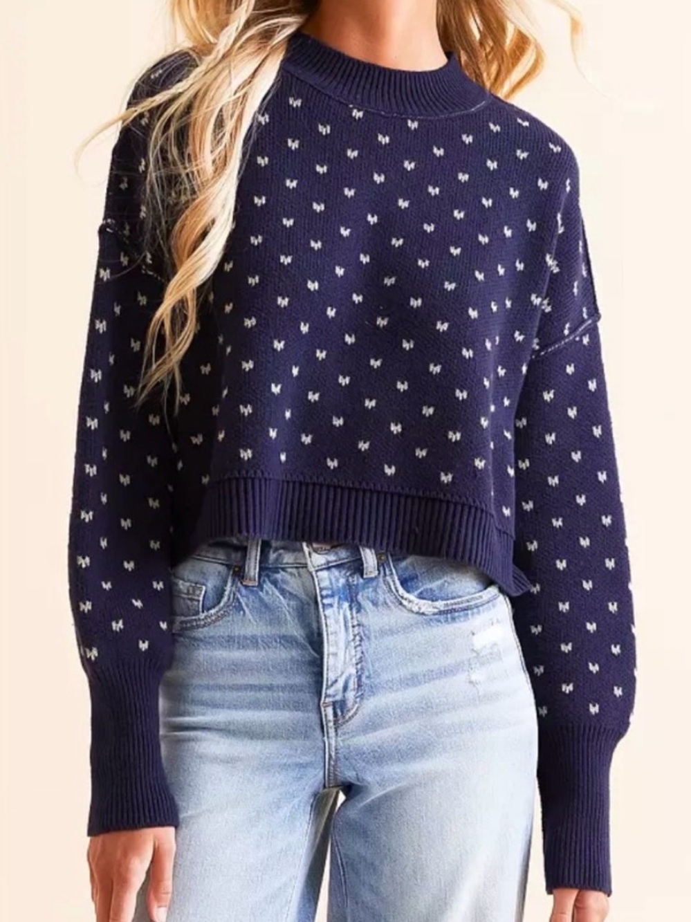 NWT FREE PEOPLE Easy Street Cropped Sweater Size Large - Patterned Navy